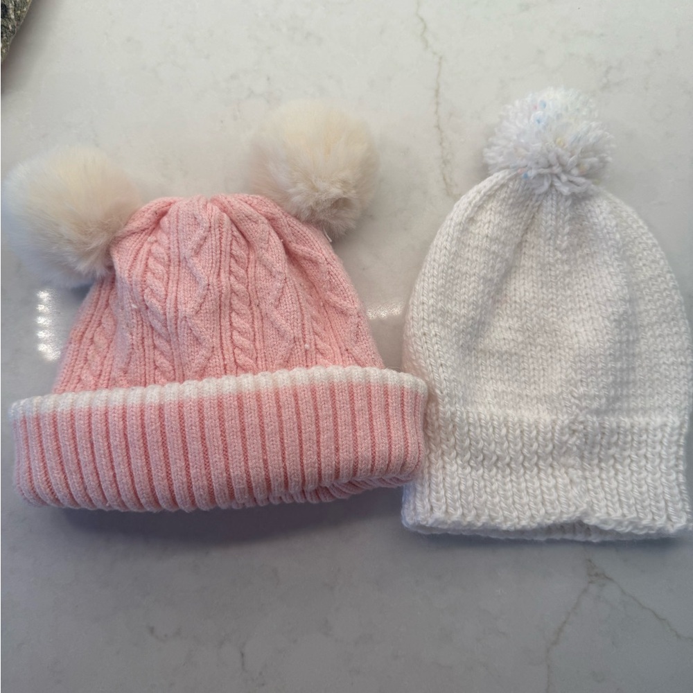 Pink and White Kids Pom-Pom Beanie Set